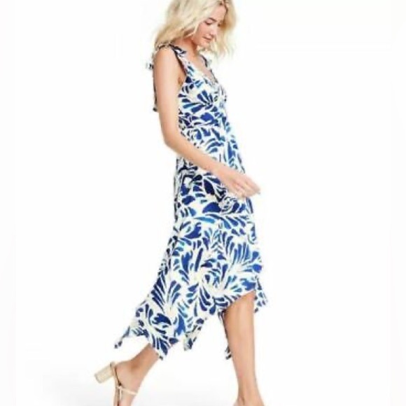 NWT ALEXIS for Target Botanical Tie Strap Asymmetrical Hem Dress Med, Blue/White - Picture 4 of 17